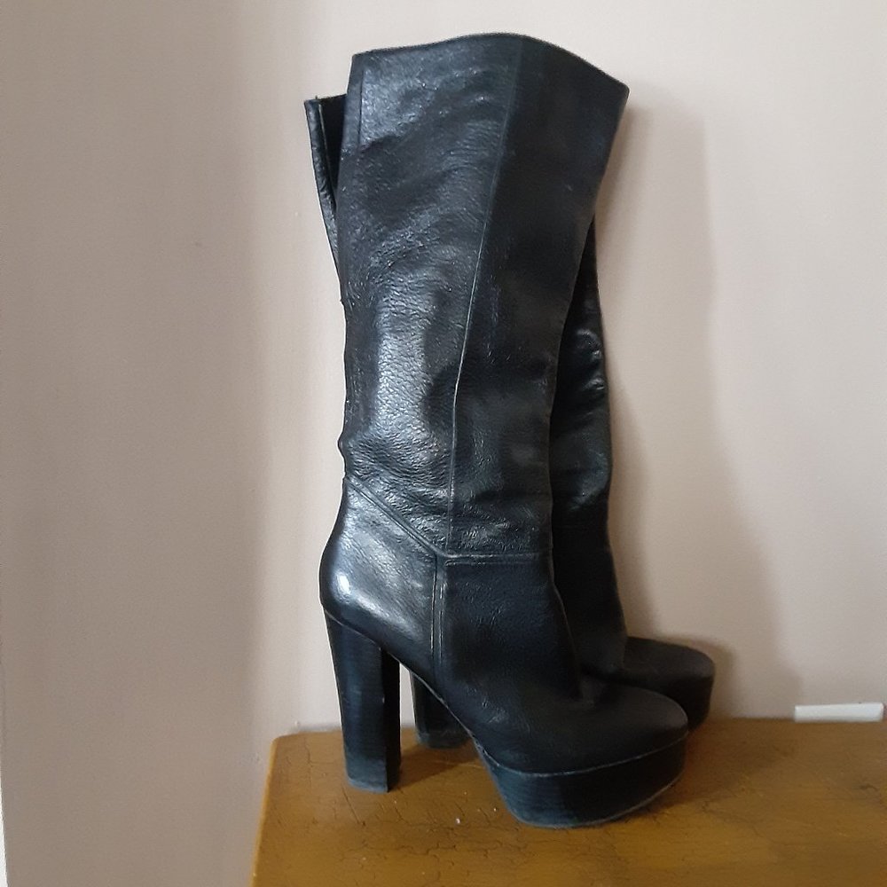 NINE WEST Black Leather Platform Knee High Boots Half Zip Side Size 9